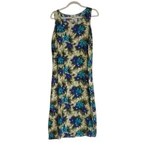 Vintage 80s Blue Green Hawaiian Floral Rayon Sheath Sundress Size Medium